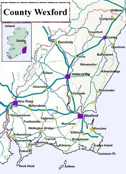 County Wexford, Ireland — showing the principal towns of Enniscorthy, Gorey, New Ross, and Wexford town, with roads and rivers
